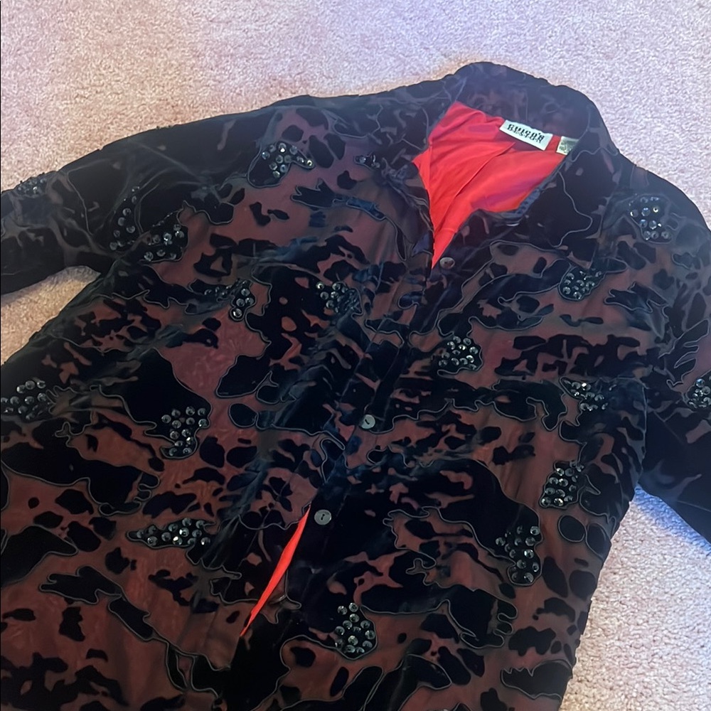Black and Red Embellished Suede and Mesh Jacket